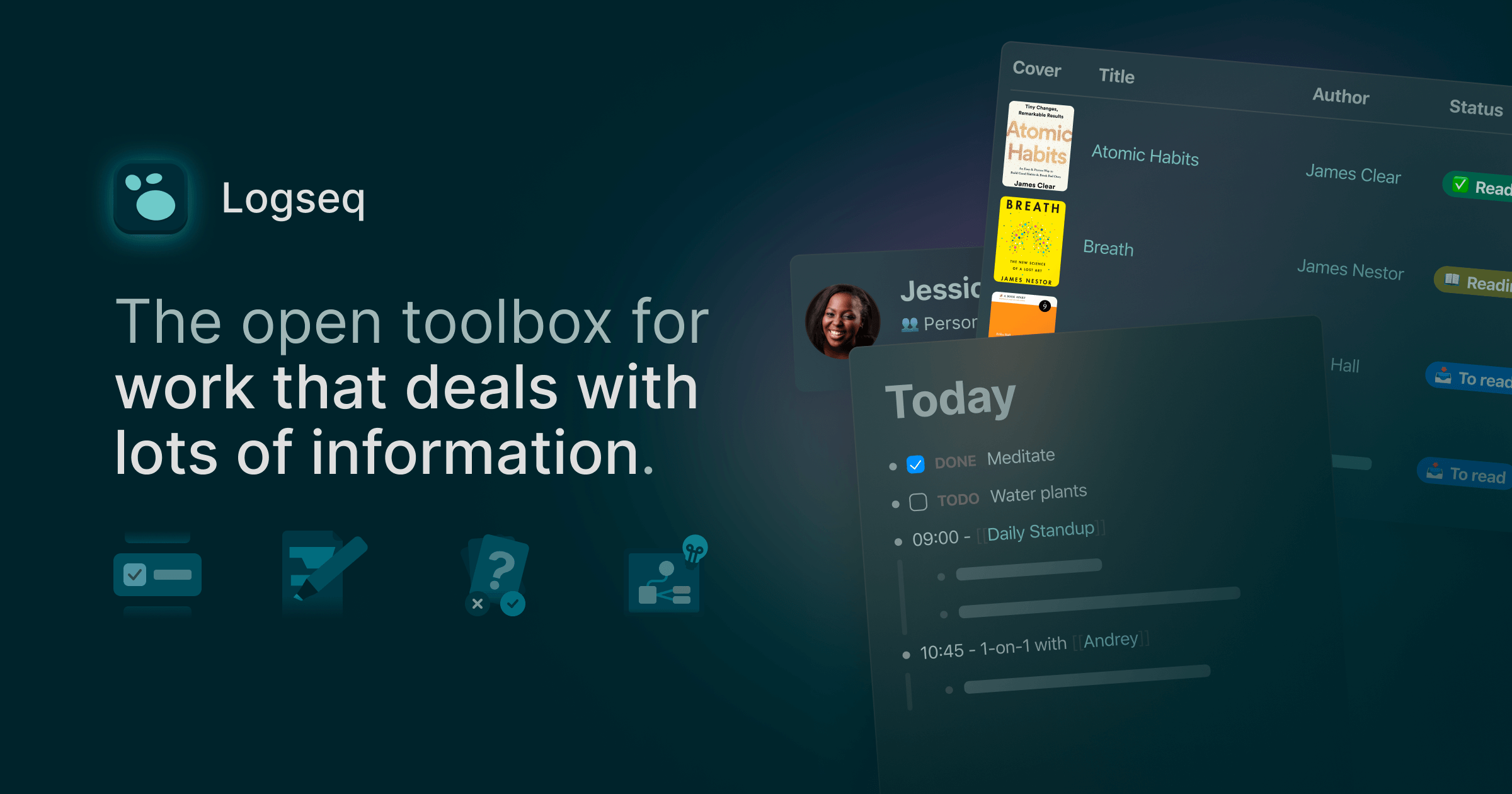 Logseq landing page screenshot — A privacy-first, open-source knowledge platform