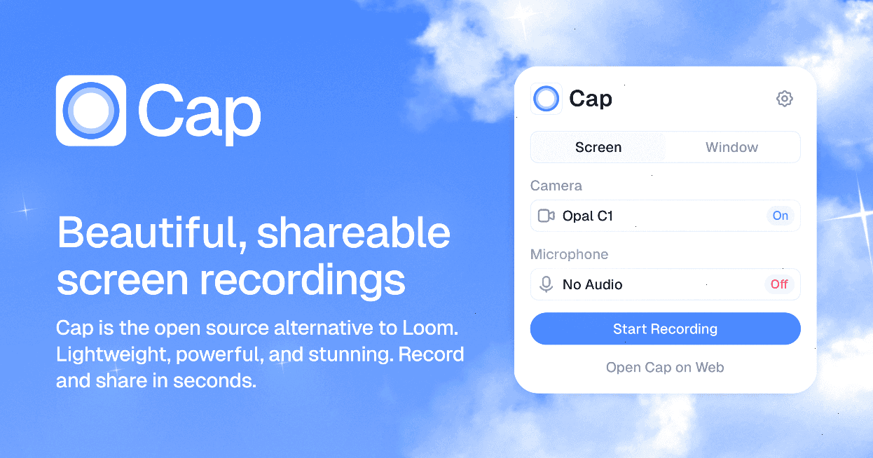 Cap landing page screenshot — Open-source Loom alternative — beautiful screen recordings