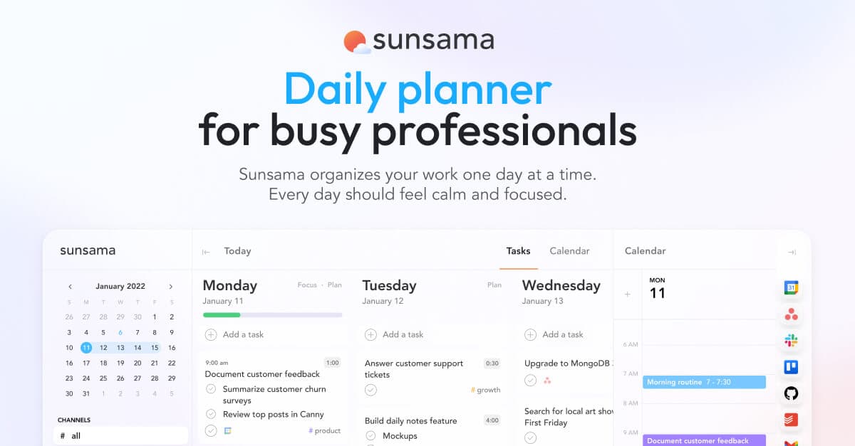 Sunsama landing page screenshot — The daily planner for busy professionals