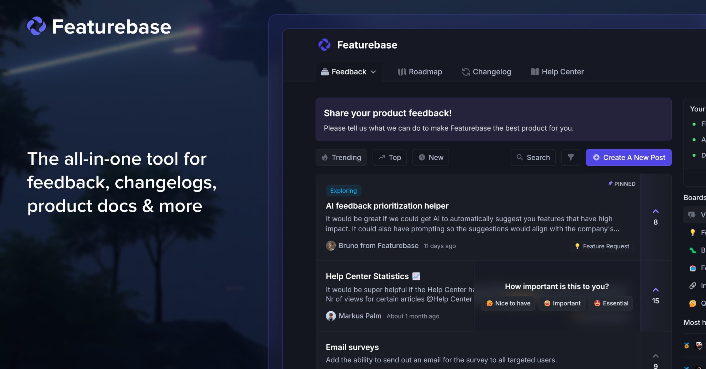 Featurebase landing page screenshot — All-in-one feedback management for SaaS