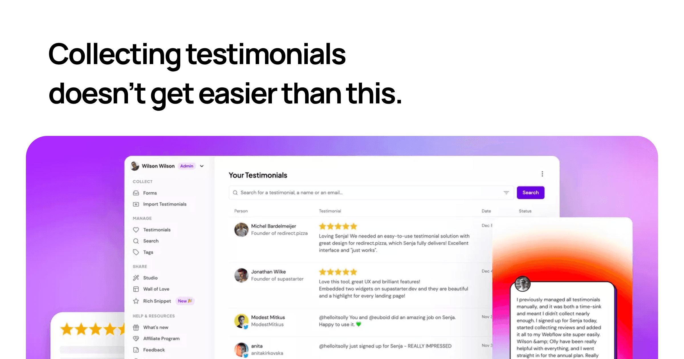 Senja landing page screenshot — Collect testimonials, share them everywhere