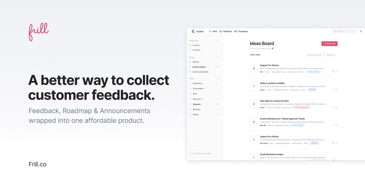 Frill landing page screenshot — Capture, organize and announce product feedback