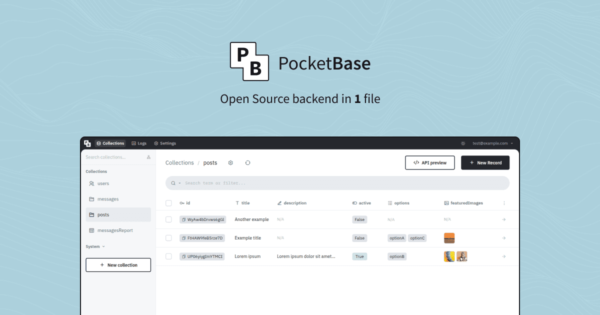 PocketBase landing page screenshot — Open-source backend in a single file (Go + SQLite)