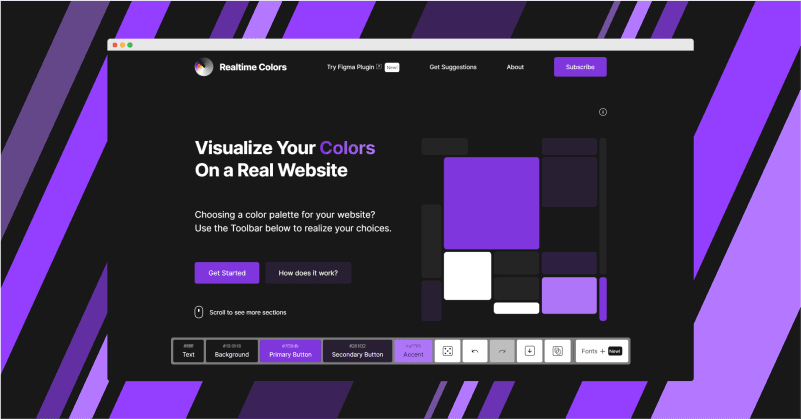 Realtime Colors landing page screenshot — Visualize your color palette across a website in real time